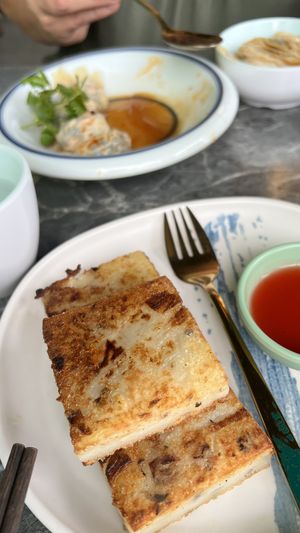 Radish cakes (with wontons in the background )  at Green Sprouts Vegetarian in Neutral Bay