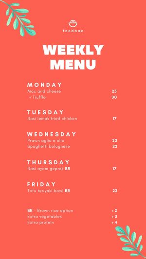 Weekly menu at Foodbae in Kuala Lumpur