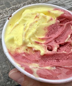 Limoncello gelato & red berries gelato, plus remnants of the vegan chocolate drizzle my server added for free   at DaVinci in Athens