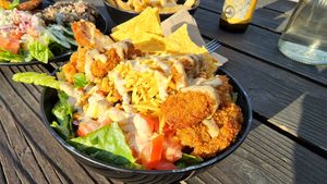 southwest salad with fried "chikin" aka breaded lion mane mushroom. it was mostly bread and not much mushroom. no avocado today. tasty dressing. good at Make It Vegan in Lakewood