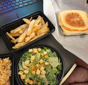 Caprese panini with caesar salad and fries  at Make It Vegan in Lakewood