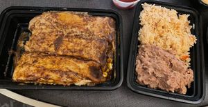 Mole chik'n enchiladas with rice and beans  at Make It Vegan in Lakewood