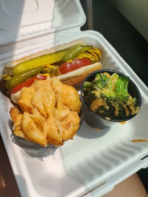 Chicago Dog, Mac & Cheese, Cheezy Broccoli at Frankly Plant Based Kitchen in Toledo