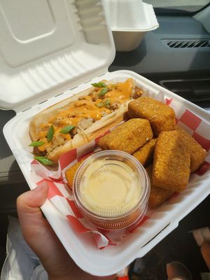Jon Stewart Dog & Tofu Dippers w/ buffalo & honee mustard sauce at Frankly Plant Based Kitchen in Toledo