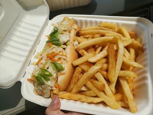 3 Rivers Dog & fries at Frankly Plant Based Kitchen in Toledo