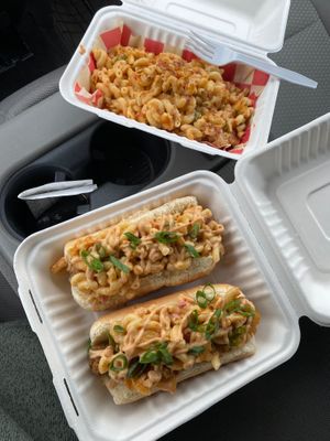 Green chile mac and cheese dogs with a side order of green chile mac and cheese (different from the typical shells used in the usual mac and cheese here) at Frankly Plant Based Kitchen in Toledo