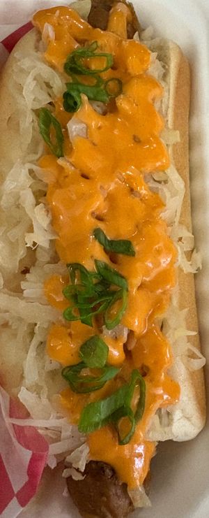 Jon Stewart dog (vegan hot dog with sauerkraut, thousand island, and green onions) at Frankly Plant Based Kitchen in Toledo