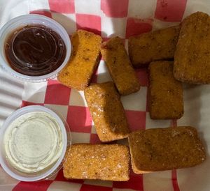 Chicken tofu dippers (battered and fried tofu bites served with BBQ sauce and ranch) at Frankly Plant Based Kitchen in Toledo