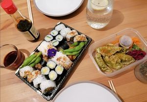 Mixed vegan sushi platter and gyoza at Sakushi in Sheffield