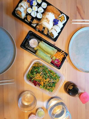Vegan platter, spring rolls and seaweed salad at Sakushi in Sheffield