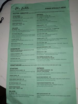 Specialty menu at The Table in Deland