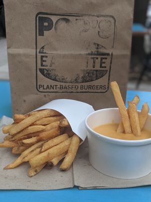 Large order fries with soy free cheese at Pop's Eat-Rite in New York City