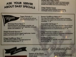 Vegan portion of menu as of April 2023  at Lucky Luke Brewpub in Lancaster