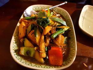Vegan eggplant and Thai basil stirfry at Bunja Thai in Bendigo