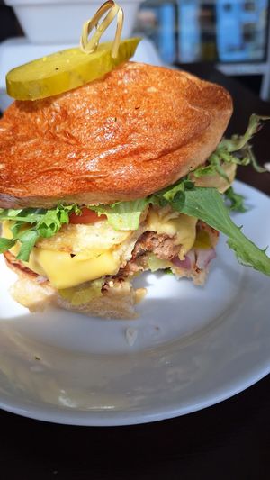 The Beyond burger. Loaded with toppings including potato chips and came on a really nice crusty bun. Yum at Bunny's Nook Kitchen in Victoria