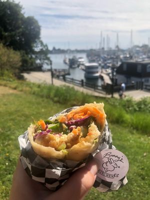 Hoisin Tofu Wrap - I now order it with no cilantro/lettuce. The cabbage, cucumber and carrots stay crunchy & peanut hoisin sauce and kimchi mayo pair well without overpowering at Bunny's Nook Kitchen in Victoria