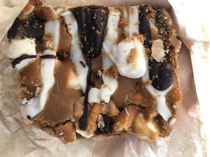 Biscoff Bonanza Bar: Crunchy, creamy, chewy, salty, sweet. You could cut this into four treats as it is quite rich. Biscoff spread, pretzels, marshmallows, and chocolate.  at Bunny's Nook Kitchen in Victoria