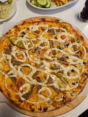 Vegan kebab pizza, very cheesy and delicious! at Eriksbergs Pizzeria in Gothenburg