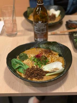 Spicy tantanmen and yummy blue currant kombucha at Vegan AF Ramen in Krakow