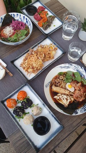 Fried gyoza and steamed dimsu, vegan af ramen and shoyu kariage at Vegan AF Ramen in Krakow