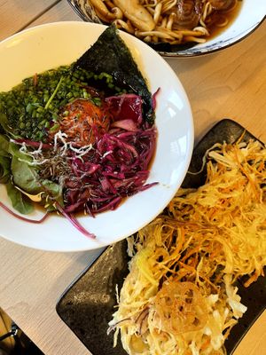Ramen and fried onion at Vegan AF Ramen in Krakow