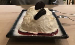 Oreo ice cream with raspberry sauce at Vegan AF Ramen in Krakow