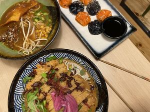 Ramen i pierożki z różnym nadzieniem  at Vegan AF Ramen in Krakow