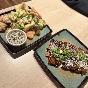 Tempura vegetables and Vegan ribs  at Vegan AF Ramen in Krakow