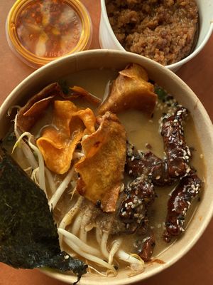 Bbq ramen and minced meat with hoisin sauce   at Vegan AF Ramen in Krakow