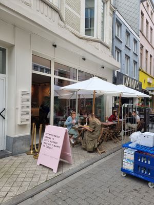 front + terrace. 
Went in to inquire about vegan lunch. No standard lunch options available. 
We could get a vegetarian dish and 'leave out the egg and feta...' 
No thanks.  at Sofia in Oostende