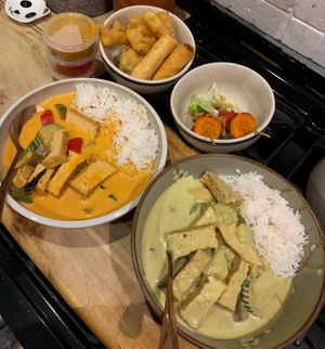 Green/red curries and veg platter served up at home!   at Thai Barn in Bradford-on-avon