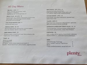 Menu at Plenty in Pennant Hills