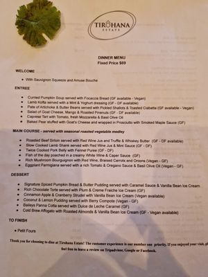 Menu as per 24.10.2022 at Tirohana Estate in Wellington