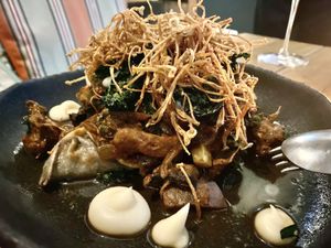 Black lentil and mushroom manti, fable ragu with celery root and cavolo nero. The winning dish of the night!  at ZA ZA TA in Fortitude Valley