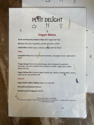 November 2021 vegan menu, however there also a vegan breakfast on the main menu and they have oat and soy milk at Petit Delight in Cleethorpes