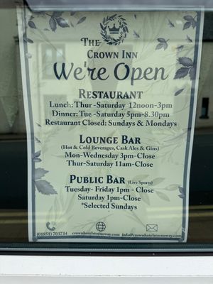 22 July 2024, hours as posted. Listing update has been submitted. at The Crown Inn in Isle Of Lewis