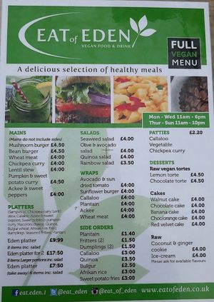Full vegan menu at Eat of Eden in South West London