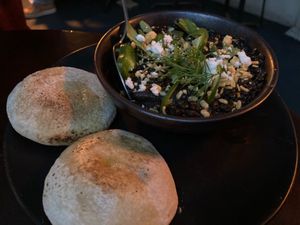All Black Everything: black lentils/garlic/shallots/beans with pita at Ruffian in New York City