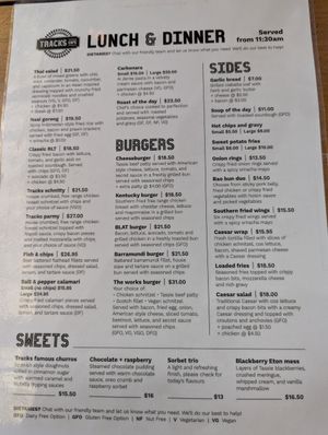 Lunch/dinner menu at Tracks Cafe in Queenstown
