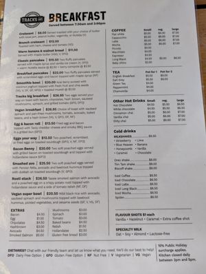 Breakfast menu at Tracks Cafe in Queenstown