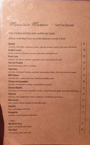 Dinner menu, staff very accomodating with changes  at Mountain Mumma in Sheffield