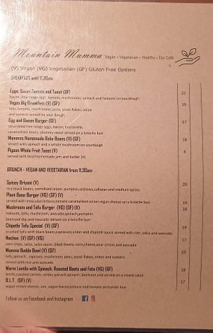Breakfast and brunch menu at Mountain Mumma in Sheffield