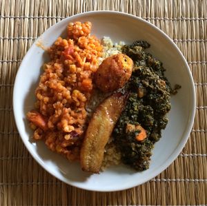 Plate of the day: red lentil stew, kale, croquette, and plantain on a bed of millet at BongoRoots in Tubingen