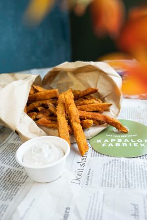 SWEET POTATO FRIES WITH TRUFFLE MAYO at Kapsalon Fabriek in Utrecht