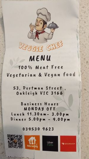 Menu at Veggie Chef in Oakleigh