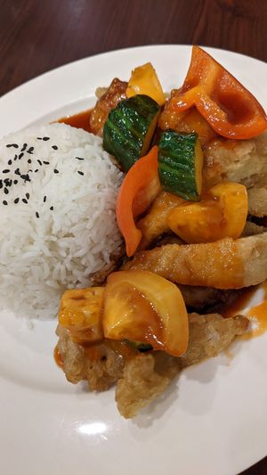 Sweet and sour vegan chicken bento at Veggie Chef in Oakleigh