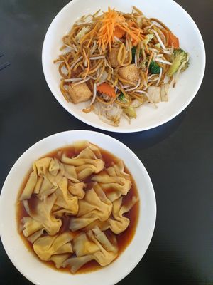 Special fried noodles, and Chilli oil steamed wontons at Veggie Chef in Oakleigh