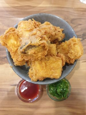 Crispy curry mushrooms: great batter, curry isn't strong, comes with tasty plum sauce at Veggie Chef in Oakleigh