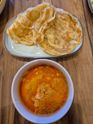 Roti with curry sauce $12.00: nice fluffy roti, but sauce was incredibly spicy, couldn't have more than just a tiny dip of it at Veggie Chef in Oakleigh