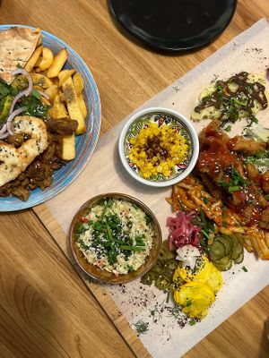 on te left greek dish (vegetarian) and bbq set on the right (vegan)  at Falla in Katowice
